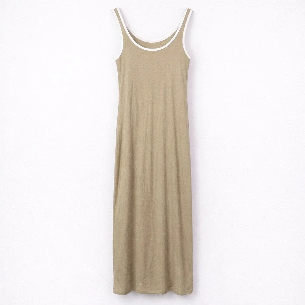 A New Day Womens XS Tan Cream Ribbed Ringer Maxi Dress Sleeveless Scoop Neck NEW